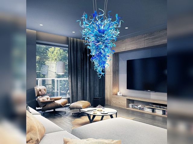 Lot 96-215402 - Hand Blown Glass Chandelier, Modern Luxury Multi-Blue Chandeliers, 36" Diam x 60" High Ceiling Light...