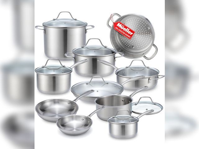 Lot 96-178046 - Mueller Pots and Pans Set 17-Piece, Ultra-Clad Pro Stainless Steel Cookware Set, Ergonomic EverCool ...