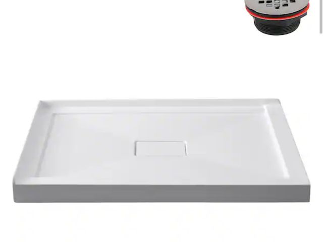 Lot 96-232828 - Streamline GB-612-452 60 in. x 36 in. Corner Acrylic Shower Pan Base in Glossy White with Center Dra...