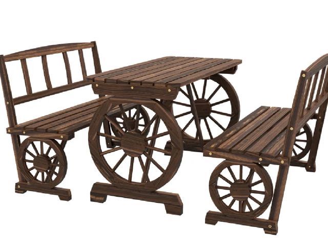 Lot 96-160401 - Outsunny Patio Table and Chairs for 4 People, Wagon Wheel Design, Outdoor Furniture Set for Backyard...
