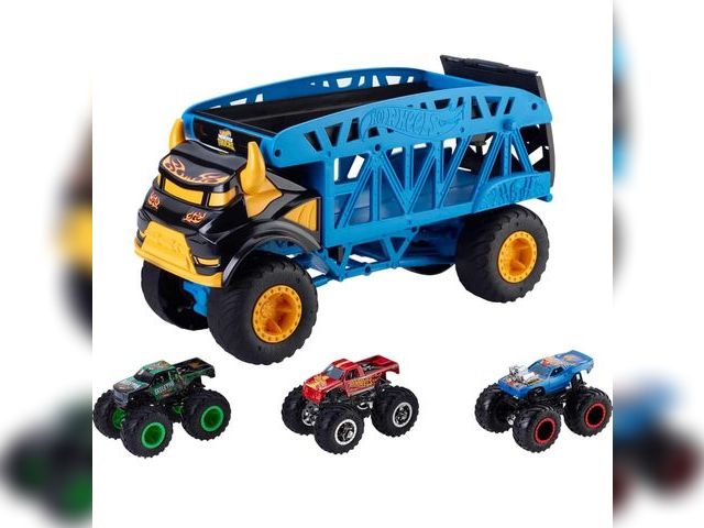 Lot 96-191953 - Hot Wheels Monster Trucks Monster Mover + 3 Trucks Vehicle Bundie, Toy Car Hauler, Holds 12 1:64 Sca...
