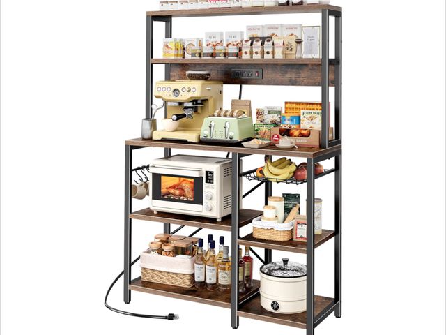 Lot 96-180447 - SUPERJARE Bakers Rack with Power Outlet, 35.4 Inches Coffee Bar with Wire Basket, Kitchen Microwave ...
