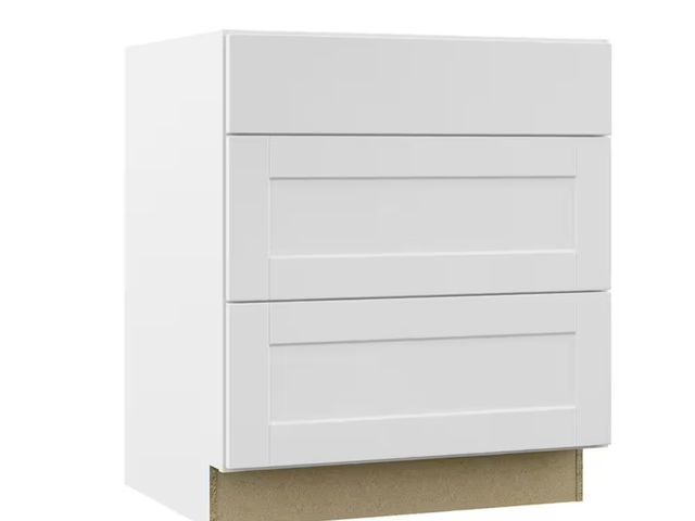 Lot 96-171873 - Hampton Bay
Shaker 30 in. W x 24 in. D x 34.5 in. H Assembled Drawer Base Kitchen Cabinet in Satin W...