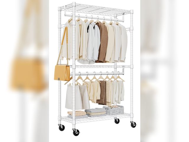 Lot 96-178897 - Heavy Duty Rolling Garment Rack 3 Tiers Adjustable Wire Shelving Clothes Rack with 2 Rods and Side H...