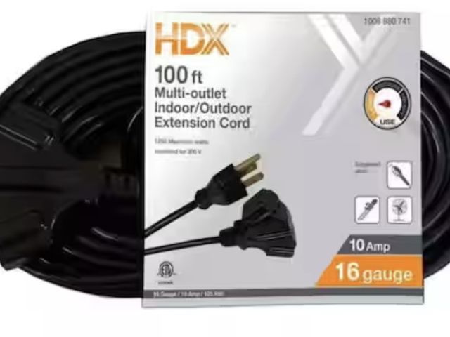 Lot 96-212185 - HDX 100 ft. 16/3 Light Duty Indoor/Outdoor Extension Cord with Multiple Outlet Triple Tap End, Black...