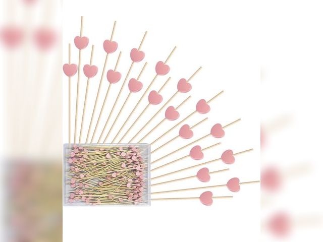 Lot 96-193590 - 5 count of Valentine’s Day Toothpicks for Appetizers 100pcs, Bamboo Cocktail Picks with Heart Design...