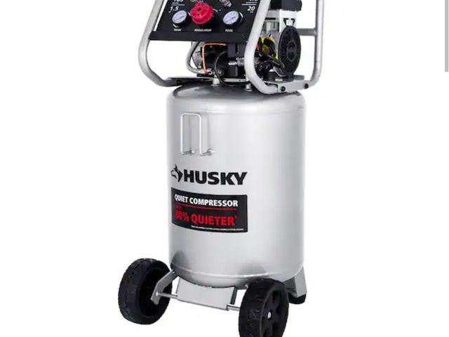 Lot 96-166833 - Husky 20 Gal.165 PSI Vertical Electric Oil-Free Quiet Auto/Workshop Air Compressor with Dual Gauges ...