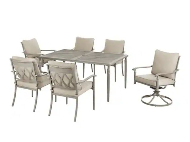 Lot 96-232824 - Hampton Bay Preston Pointe Dark Cement Gray 7-Piece Metal Outdoor Dining Set with CushionGuard Putty...