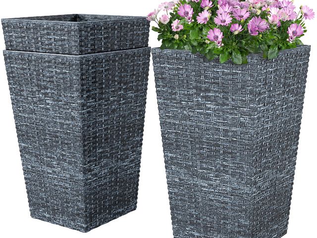Lot 96-160186 - Outsunny Tall Planters for Outdoor Plants Set of 3, 24 In Taper Planters with Drainage Holes, Rattan...