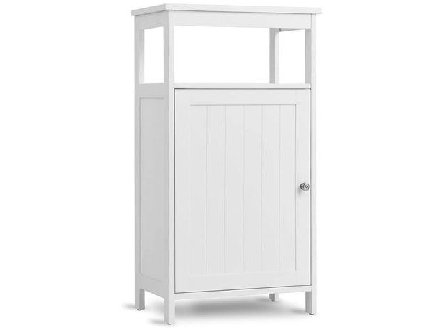 Lot 96-232601 - Costway Wooden Bathroom Floor Storage Cabinet, Single Door Side Storage Organizer Cabinet with Open ...