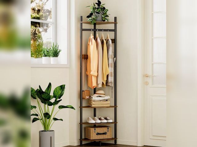 Lot 96-177395 - Corner Hall Tree with Shoe Rack Entryway Coat Rack with 6 Metal Movable Hooks Floor Standing Clothes...
