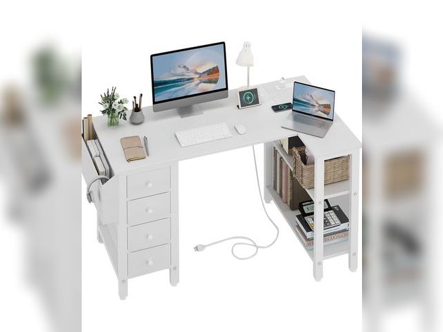 Lot 96-180881 - Lufeiya White L Shaped Computer Desk with Drawers &amp; Storage Shelves, 47 Inch Corner Reversible D...