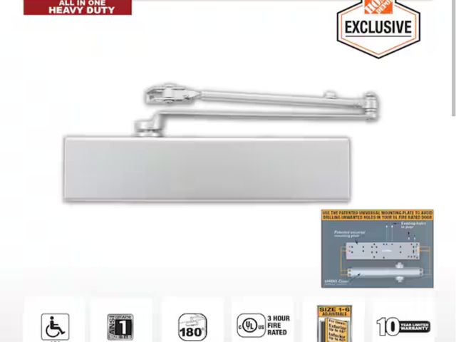 Lot 96-163418 - Universal Hardware 
Heavy-Duty All-in-One Aluminum Commercial Door Closer Missing a component see wa...