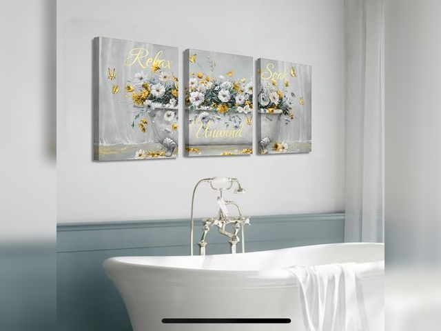 Lot 96-176925 - 3Pcs Framed Bathroom Canvas Wall Art Pictures Bathtub Floral Poster Prints Relax Soak Unwind Home Wa...