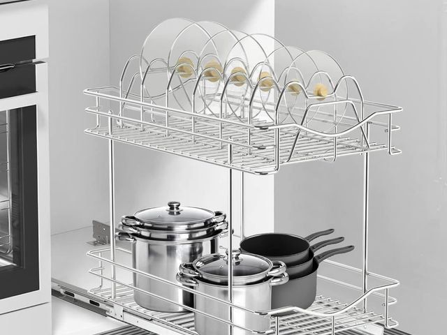 Lot 96-171060 - FULGENTE Pull Out Cabinet Pots and Pans Organizer 11" W x 18" D 2 Tier Wire Basket for Lid Cookware ...