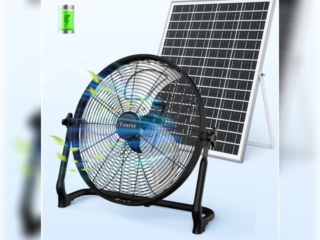 Lot 96-163473 - 18" Portable Battery Operated Solar Fan, Rechargeable Floor Fan, Hi-Velocity Cordless Camping Fan, U...