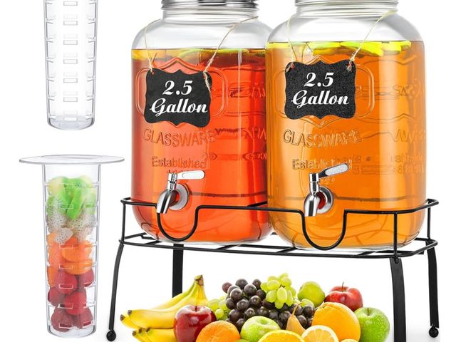Lot 96-173338 - 2 Pcs 2.5 Gallon Glass Drink Dispenser with Stand Glass Beverage Dispenser with Spigot Ice Cylinder ...