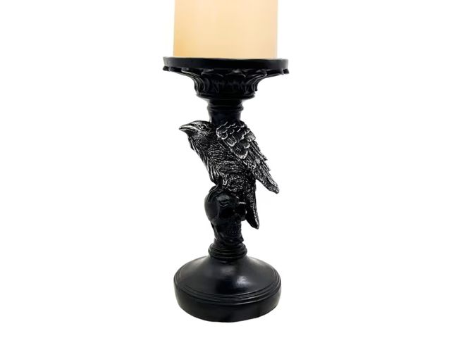 Lot 96-211343 - Large Black Crow Pillar Candle Holder Halloween Macabre Gothic Decor New