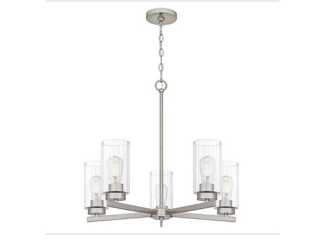 Lot 96-182106 - DSI LIGHTING Delphi 5-Light Brushed Nickel Chandelier with Clear Ribbed
Glass Shades MSRP $179 New, ...