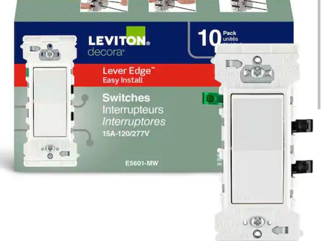 Lot 96-226114 - Leviton Decora Lever Edge Easy Install 15 Amp 120/277-Volt Single Pole Switch, White (10-Pack) E5601...