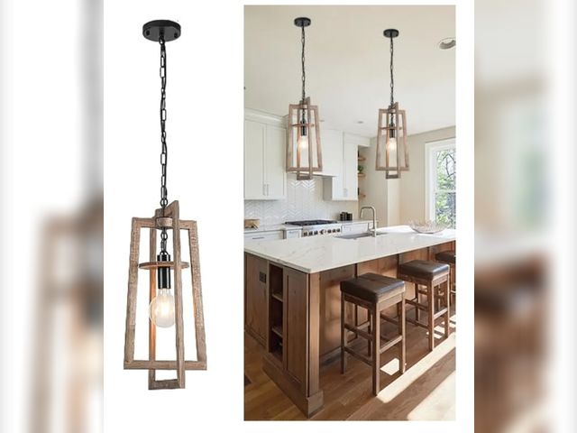 Lot 96-171947 - 12.3'' Dining Room Light Fixtures Wood Pendant Light Adjustable Farmhouse Chandelier Trapezoid Semi ...