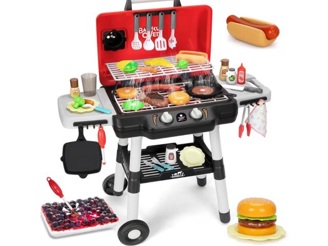 Lot 96-180563 - Kids Play Kitchen Toys, Kids BBQ Grill Playset with Smoke Sound Light, 2-Layer Barbecue Toy with Whe...