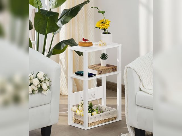 Lot 96-177456 - 3-Tier Small Narrow Wood Side Table with Charging Station - Skinny Nightstand for Small Spaces, Slim...