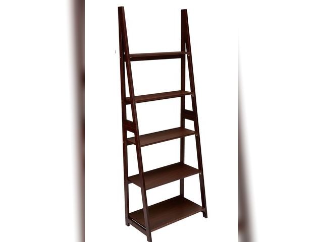 Lot 96-181101 - Amazon Basics Ladder Bookshelf Organizer, Solid Rubberwood Frame, Espresso Finish, 5 Shelves, 14" D ...
