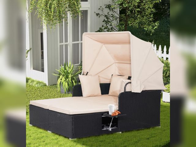 Lot 96-226990 - RELAX4LIFE Patio Outdoor Daybed with Canopy, Wicker Sunbed w/Cushions, 4 Pillows &amp; 2 Retractable...