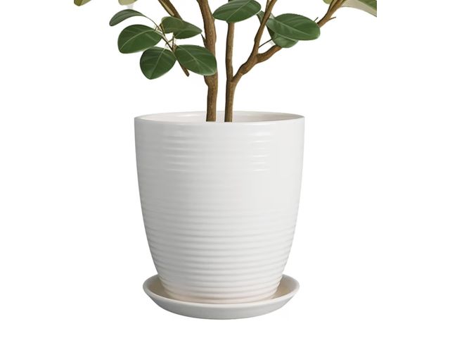 Lot 96-187736 - 10 Inch Ceramic Planter Pot - Large Plant Pot with Drainage Hole and Saucer, Modern Round Flower Pot...