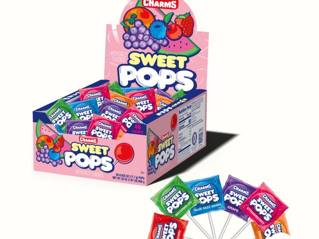 Lot 96-230617 - Charms Sweet Pops Lollipops, Assorted Fruit Flavors, 48 Count Box Package has been opened but feels ...