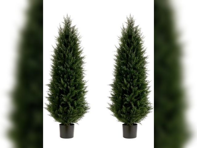 Lot 96-176401 - Artificial Topiary Tree Set of 2 Artificial Cedar Trees 4FT Uv Resistant Pine Potted Artificial Plan...