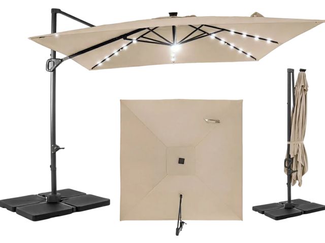 Lot 96-227342 - Costway 10' Cantilever Patio Umbrella w/ 32 Solar LED Lights &amp; 220 lbs Base
Open box 
Appears Li...