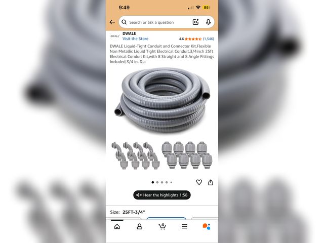 Lot 96-211736 - DWALE Liquid-Tight Conduit and Connector Kit,Flexible Non Metallic Liquid Tight Electrical Conduit,1...