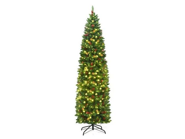 Lot 96-192611 - Costway 7.5Ft Pre-lit Hinged Pencil Christmas Tree w/Pine Cones
New
