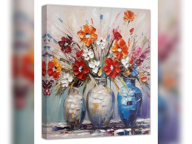 Lot 96-176666 - EAHunt Modern Floral Canvas Wall Art, Hand Painted Oil Painting with Textured Detail, Orange Red Flo...