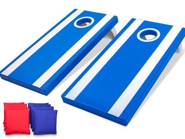Lot 96-160448 - GoSports 4 x 2 ft All Weather Cornhole Boards - American Flag, Red, or Blue - Game Set Includes 8 Be...