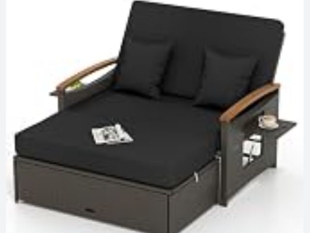 Lot 96-227063 - COSTWAY Patio Rattan Daybed with Cushions, Outdoor Wicker Loveseat Sofa with Storage Ottoman, 4-Leve...