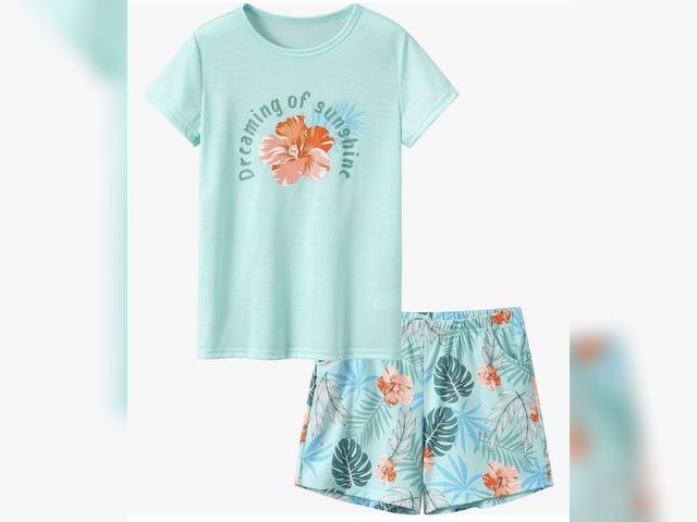 Lot 96-233185 - Tebbis Girls Pajama Set Tie Dye Cute Prints Tee &amp; Shorts Sizes 6-18 Lightweight Breathable Fabri...