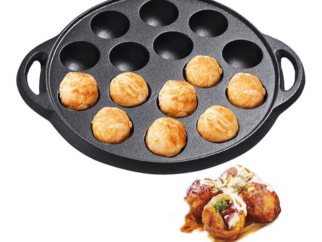 Lot 96-190833 - VONOTO Takoyaki Pan, 9" Cast Iron Escargot Dish 15 Molds, Takoyaki Maker Skillet, Baking Tray for Oc...