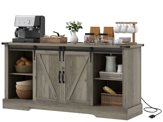Lot 96-159676 - HOMCOM Sideboard with Charging Station, Farmhouse Coffee Bar Cabinet with Sliding Barn Door, TV Stan...