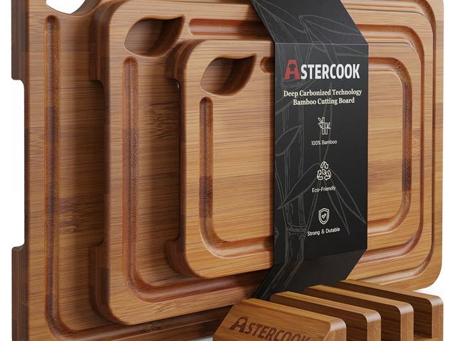 Lot 96-230395 - Astercook Deep-Carbonized Bamboo Cutting Boards for Kitchen with Wood Storage Stand, Reversible Char...