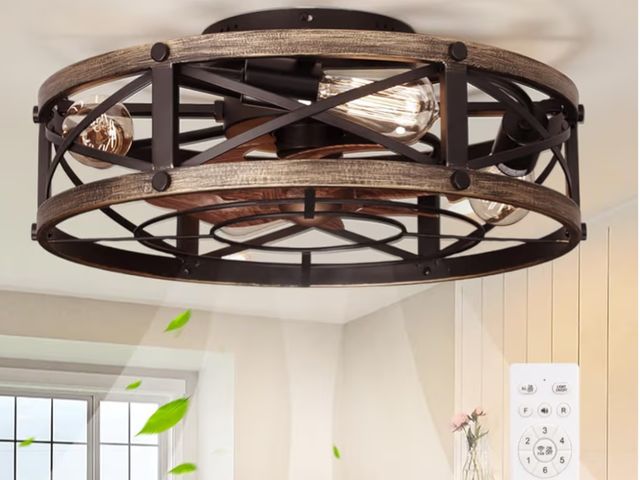 Lot 96-187796 - 19" Farmhouse Flush Mount Caged Ceiling Fans with Lights, 6 Speeds, Rustic Low Profile Ceiling Fan w...