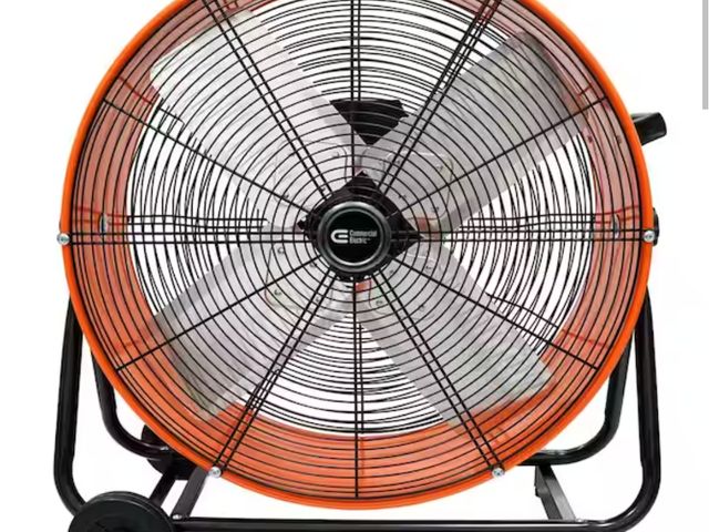 Lot 96-163666 - Commercial Electric 24 in. 2-Speed Heavy Duty Tilt Drum Fan damaged large dent in cage