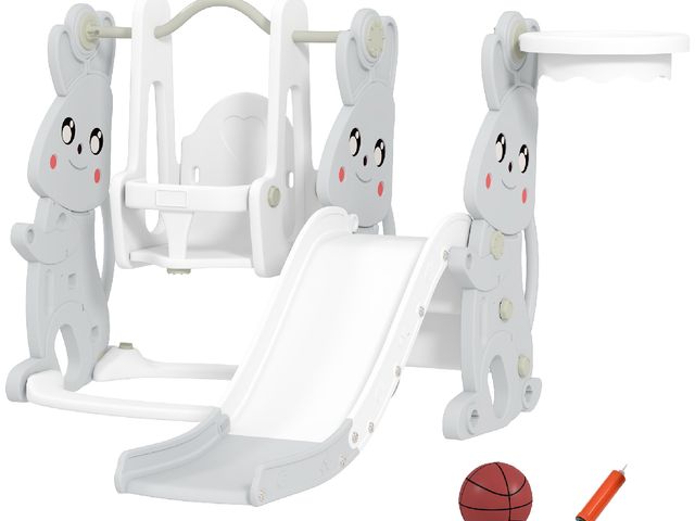 Lot 96-160404 - Qaba 4 in 1 Toddler Slide and Swing Set with Climber, Basketball Hoop, Rabbit Themed Kids Playset fo...