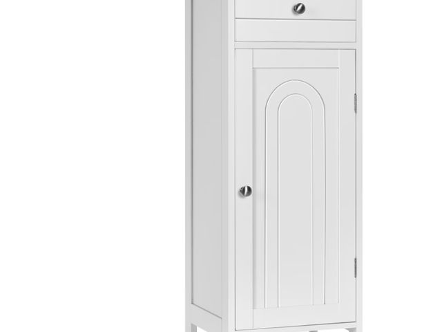 Lot 96-192172 - Costway Bathroom Storage Floor Cabinet Wooden Organizer Free-Standing w/ Drawer &amp; Shelf open box...
