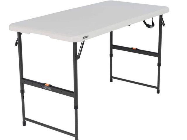 Lot 96-179860 - Lifetime
4 ft. One Hand Adjustable Height Fold-in-Half Resin
Table; AlmondLifetime 4 ft. One Hand Ad...