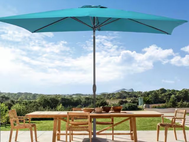 Lot 96-165750 - Sonkuki
6 ft. x 9 ft. Rectangular Steel Patio Market Umbrella with Push Button Tilt in Lake Blue

Ne...