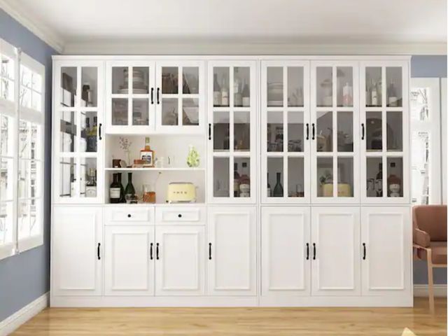 Lot 96-173425 - Luxurious Wide White Wooden Accent Storage Cabinet, Bookcase with 25-Shelves and Tempered Glass Door...