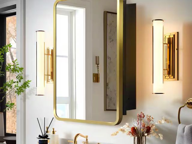 Lot 96-175314 - Lirago 16 in. W x 24 in. H Rectangular Recessed Surface Mount Medicine Cabinet Mirror Gold MSRP $148...